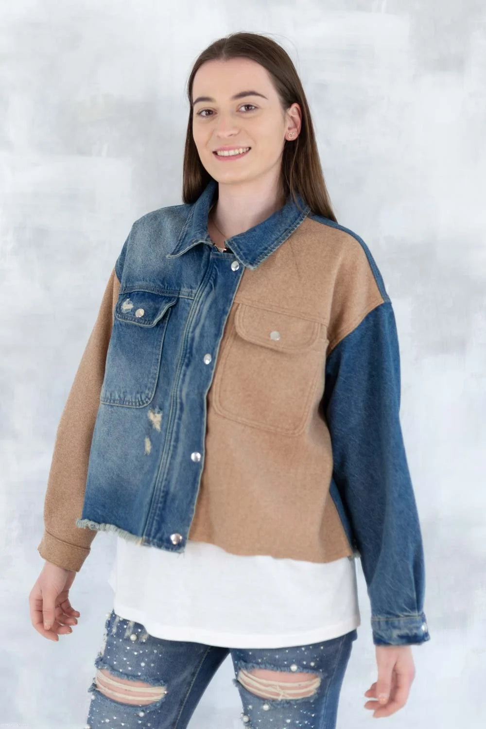 Jachetă oversized în două tonuri - Mix Soft Modal & Recycled 7007-012 - NIZIA