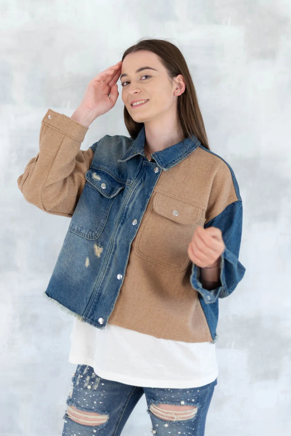 Jachetă oversized în două tonuri - Mix Soft Modal & Recycled 7007-012 - NIZIA