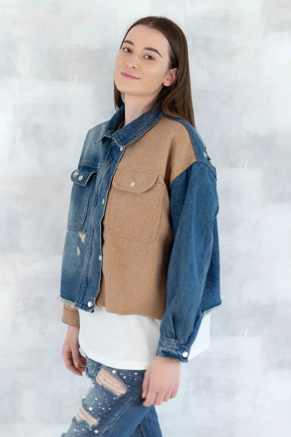 Jachetă oversized în două tonuri - Mix Soft Modal & Recycled 7007-012 - NIZIA