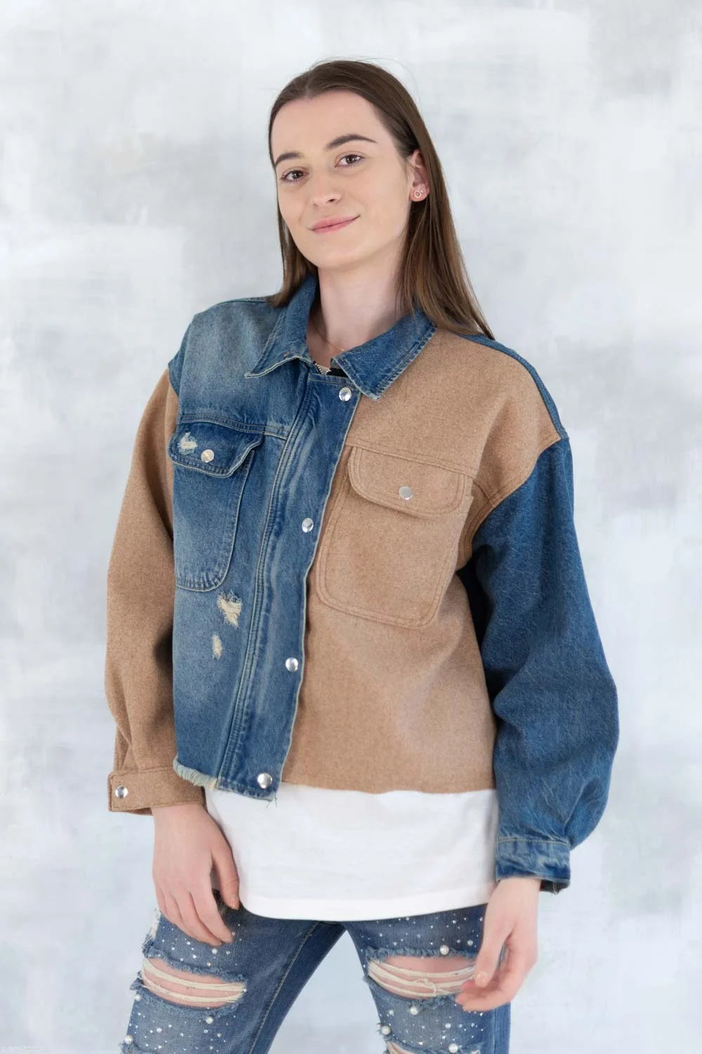 Jachetă oversized în două tonuri - Mix Soft Modal & Recycled 7007-012 - NIZIA