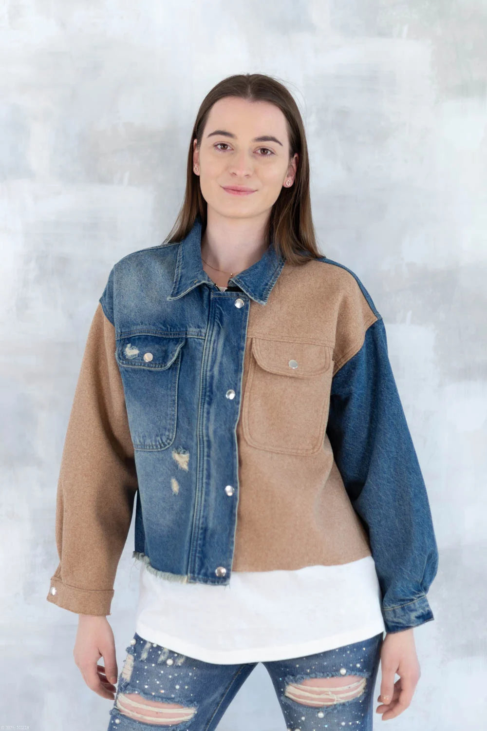 Jachetă oversized în două tonuri - Mix Soft Modal & Recycled 7007-012 - NIZIA