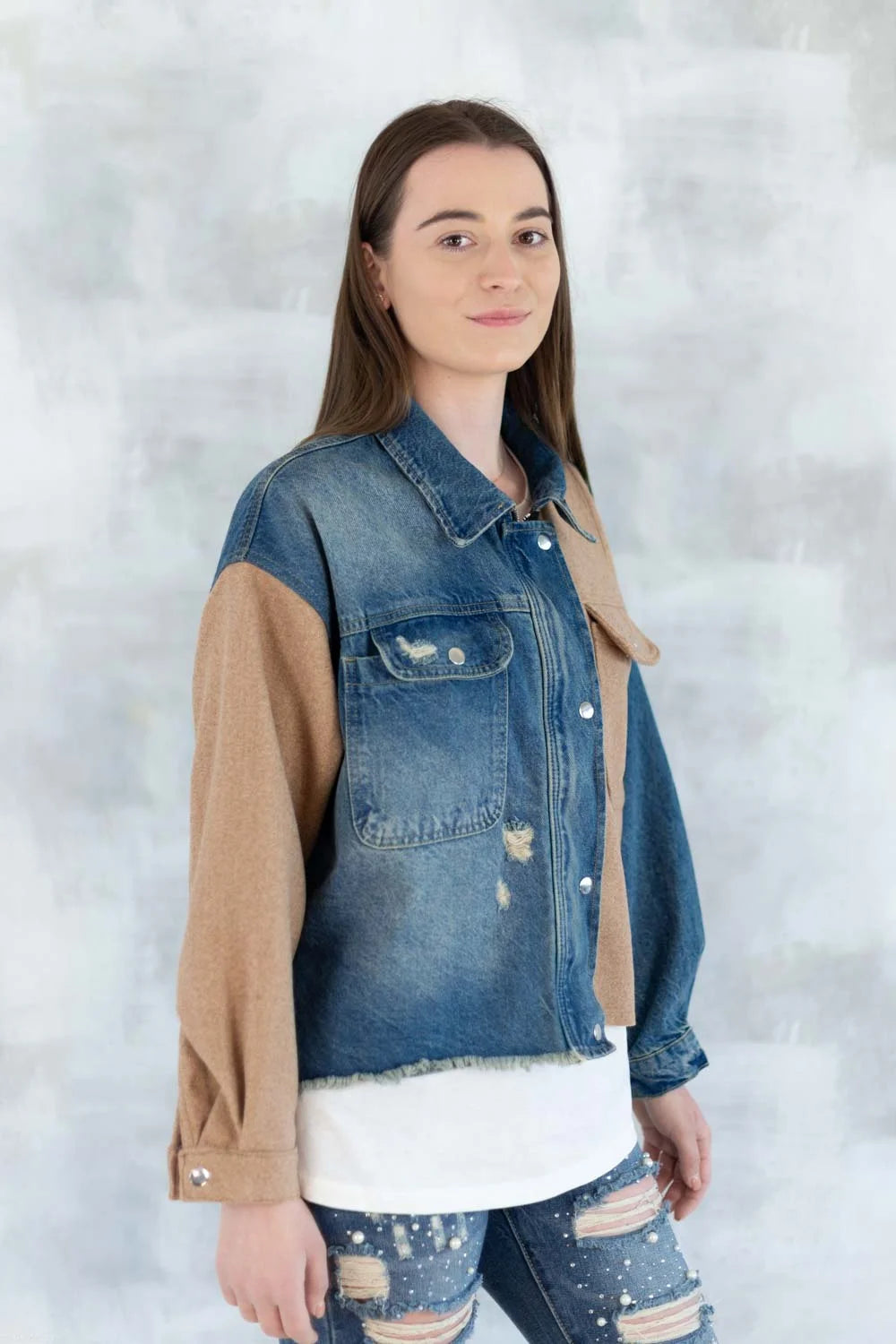 Jachetă oversized în două tonuri - Mix Soft Modal & Recycled 7007-012 - NIZIA