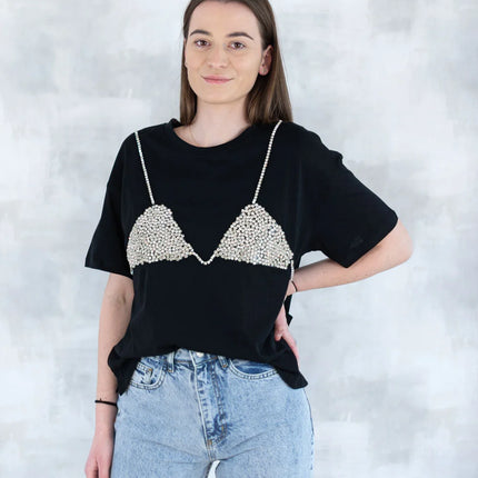 Tricou negru cu aplicație 3D - "Top cu pietre strălucitoare" 12007-017 - NIZIA