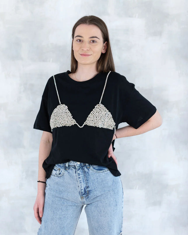 Tricou negru cu aplicație 3D - "Top cu pietre strălucitoare" 12007-017 - NIZIA