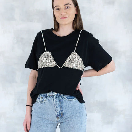 Tricou negru cu aplicație 3D - "Top cu pietre strălucitoare" 12007-017 - NIZIA