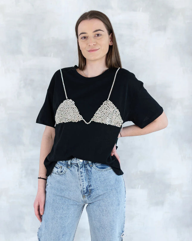 Tricou negru cu aplicație 3D - "Top cu pietre strălucitoare" 12007-017 - NIZIA