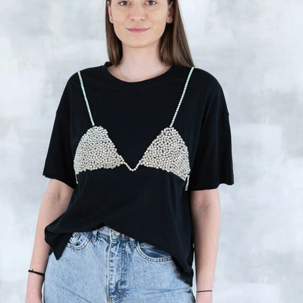 Tricou negru cu aplicație 3D - "Top cu pietre strălucitoare" 12007-017 - NIZIA