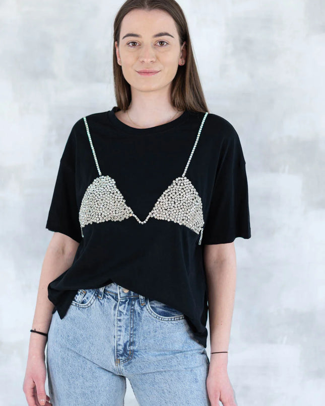 Tricou negru cu aplicație 3D - "Top cu pietre strălucitoare" 12007-017 - NIZIA