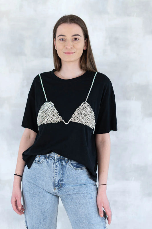 Tricou negru cu aplicație 3D - "Top cu pietre strălucitoare" 12007-017 - NIZIA