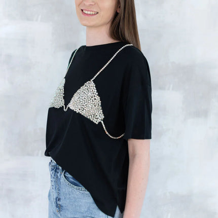 Tricou negru cu aplicație 3D - "Top cu pietre strălucitoare" 12007-017 - NIZIA