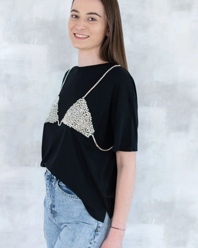 Tricou negru cu aplicație 3D - "Top cu pietre strălucitoare" 12007-017 - NIZIA