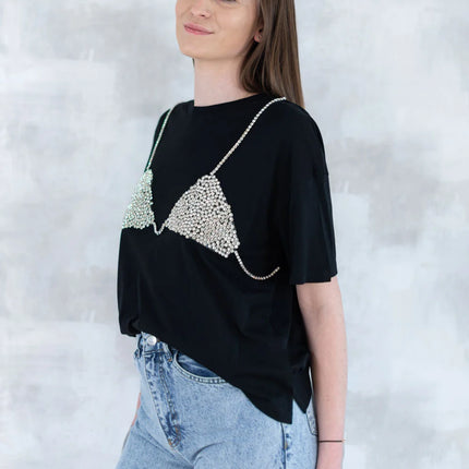 Tricou negru cu aplicație 3D - "Top cu pietre strălucitoare" 12007-017 - NIZIA