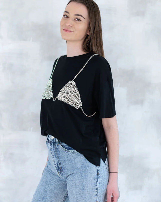 Tricou negru cu aplicație 3D - "Top cu pietre strălucitoare" 12007-017 - NIZIA