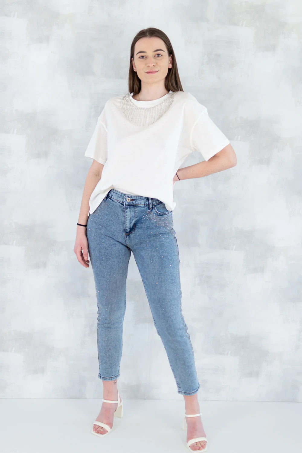Blugi skinny cu strasuri fine – efect glitter 1005-006 - NIZIA