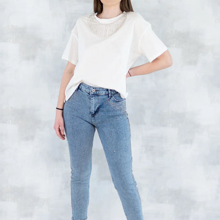 Blugi skinny cu strasuri fine – efect glitter 1005-006 - NIZIA