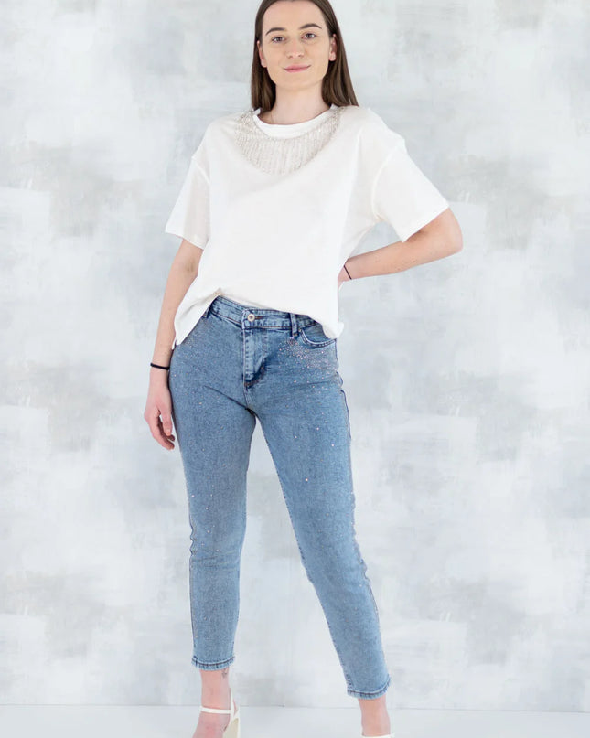 Blugi skinny cu strasuri fine – efect glitter 1005-006 - NIZIA