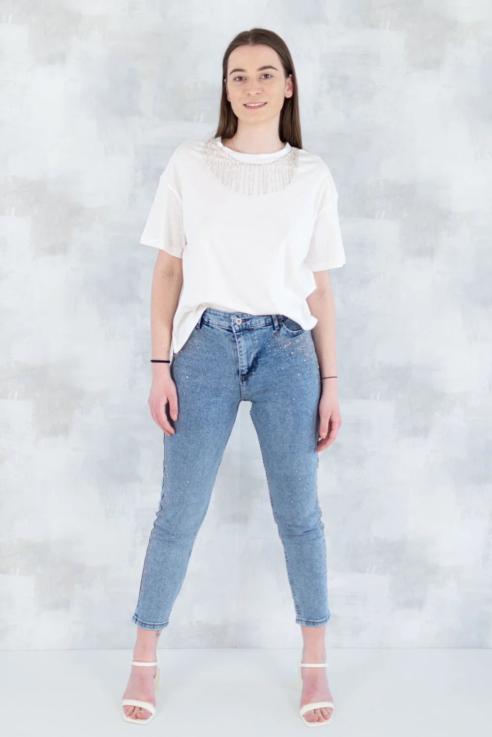 Blugi skinny cu strasuri fine – efect glitter 1005-006 - NIZIA