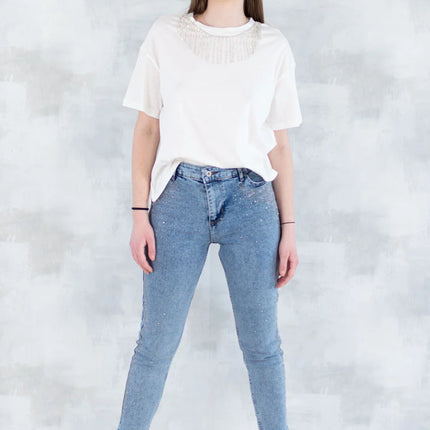 Blugi skinny cu strasuri fine – efect glitter 1005-006 - NIZIA