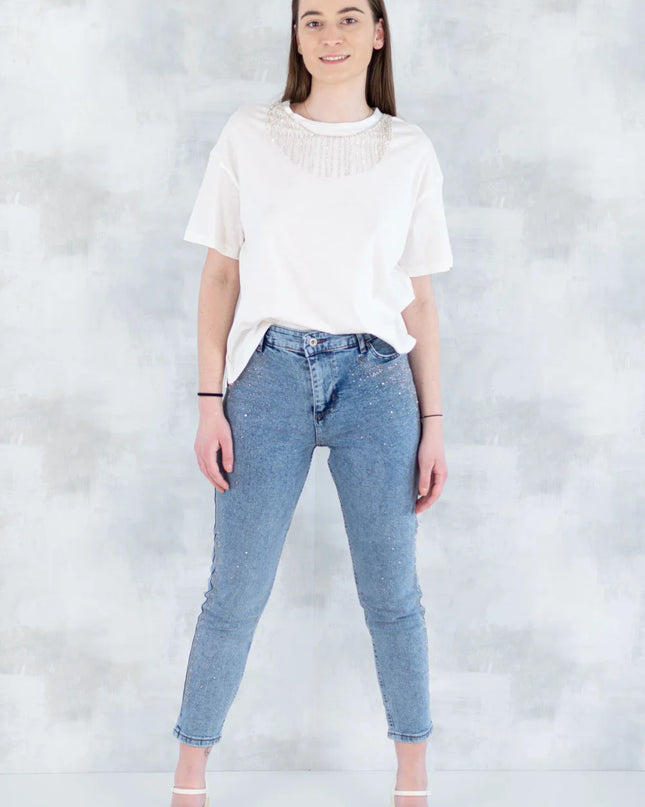 Blugi skinny cu strasuri fine – efect glitter 1005-006 - NIZIA