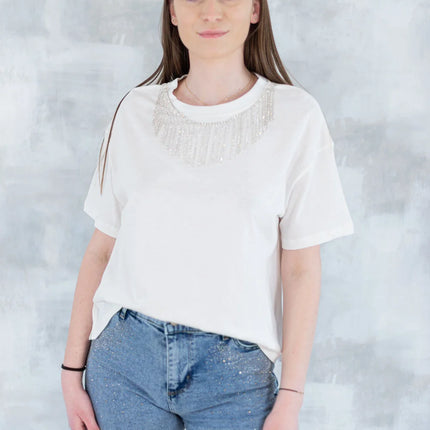 Tricou alb cu aplicații tip colier 12011-017 - NIZIA