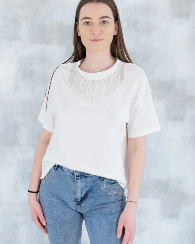 Tricou alb cu aplicații tip colier 12011-017 - NIZIA