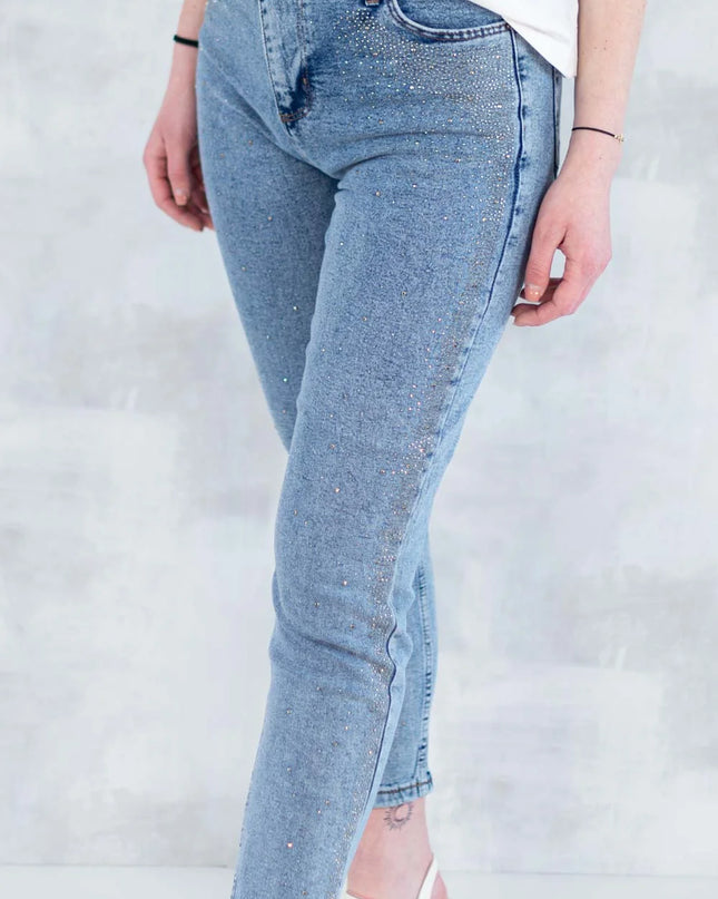 Blugi skinny cu strasuri fine – efect glitter 1005-006 - NIZIA