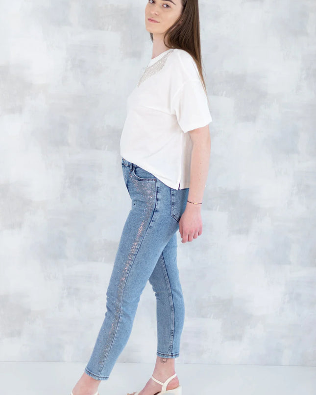 Blugi skinny cu strasuri fine – efect glitter 1005-006 - NIZIA