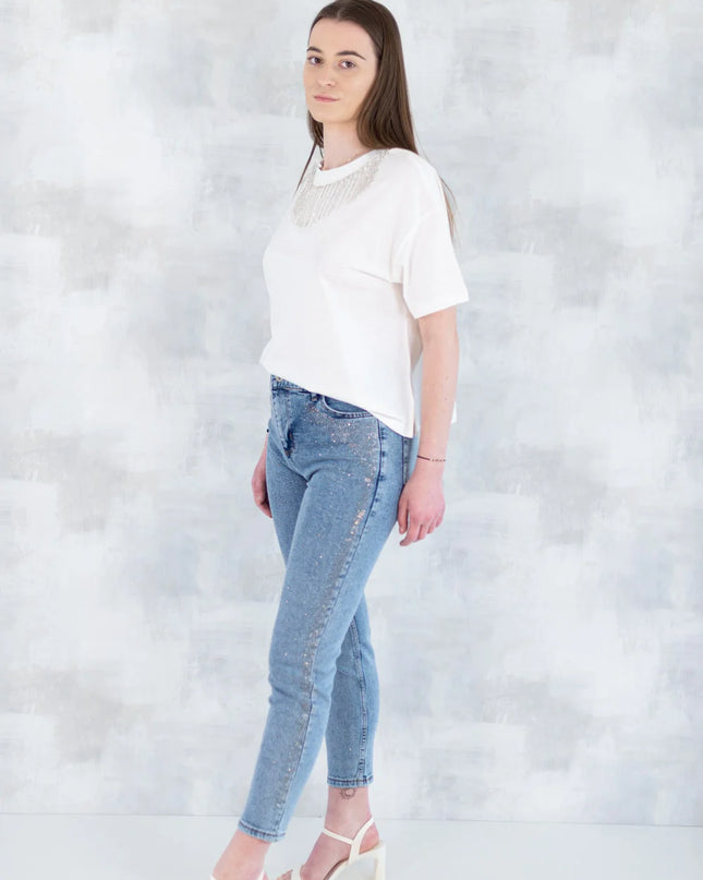 Blugi skinny cu strasuri fine – efect glitter 1005-006 - NIZIA