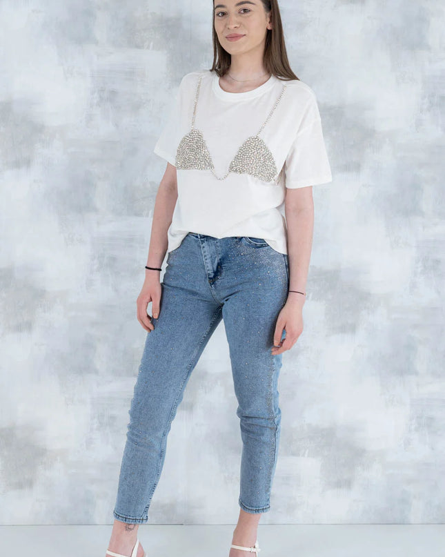 Tricou alb cu aplicație 3D – „Top cu pietre strălucitoare” 12006-012 - NIZIA