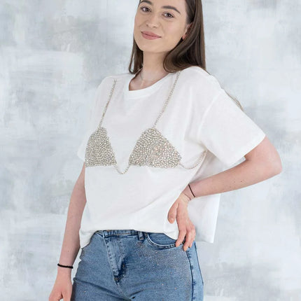 Tricou alb cu aplicație 3D – „Top cu pietre strălucitoare” 12006-012 - NIZIA