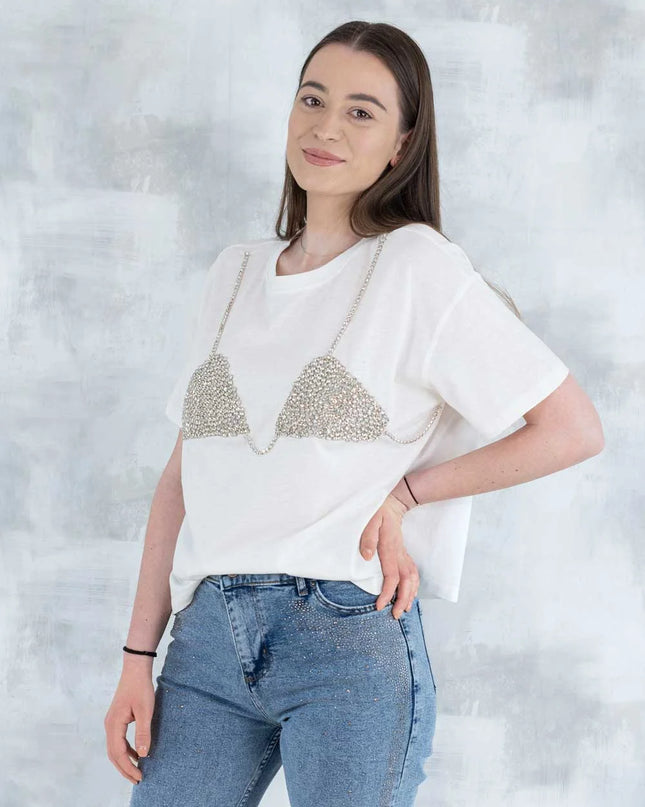 Tricou alb cu aplicație 3D – „Top cu pietre strălucitoare” 12006-012 - NIZIA
