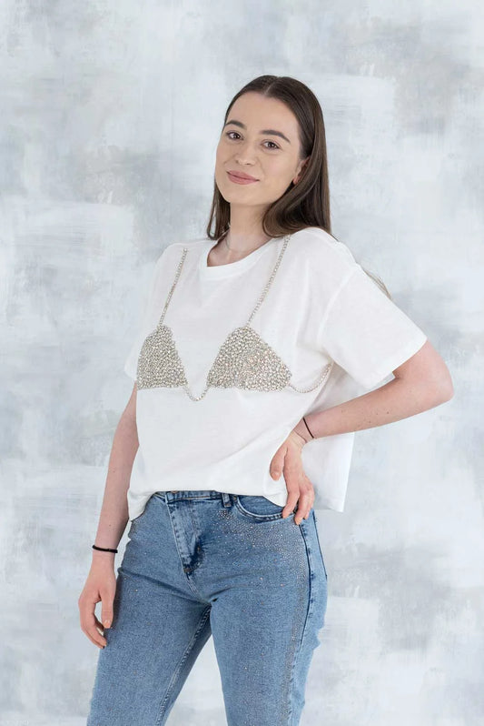 Tricou alb cu aplicație 3D – „Top cu pietre strălucitoare” 12006-012 - NIZIA
