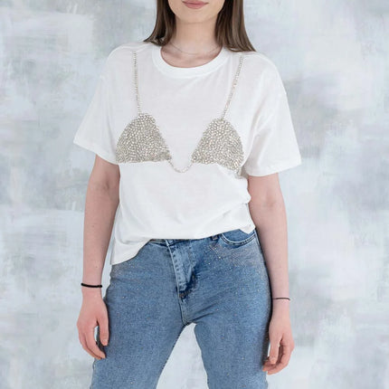 Tricou alb cu aplicație 3D – „Top cu pietre strălucitoare” 12006-012 - NIZIA