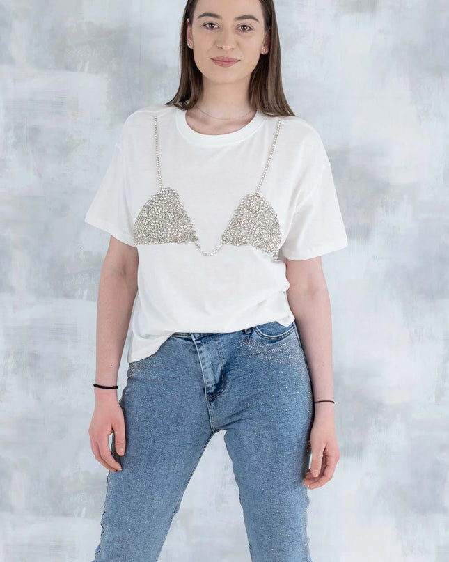Tricou alb cu aplicație 3D – „Top cu pietre strălucitoare” 12006-012 - NIZIA