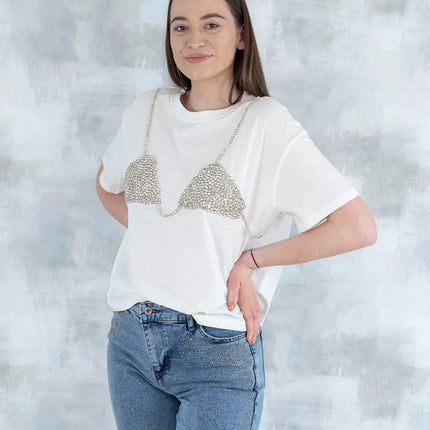 Tricou alb cu aplicație 3D – „Top cu pietre strălucitoare” 12006-012 - NIZIA