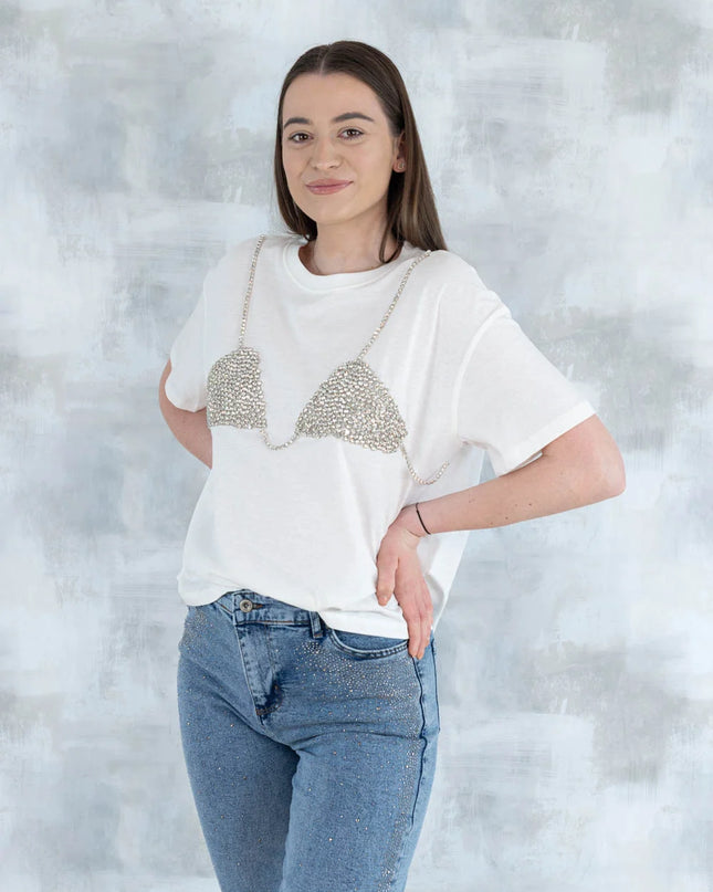 Tricou alb cu aplicație 3D – „Top cu pietre strălucitoare” 12006-012 - NIZIA