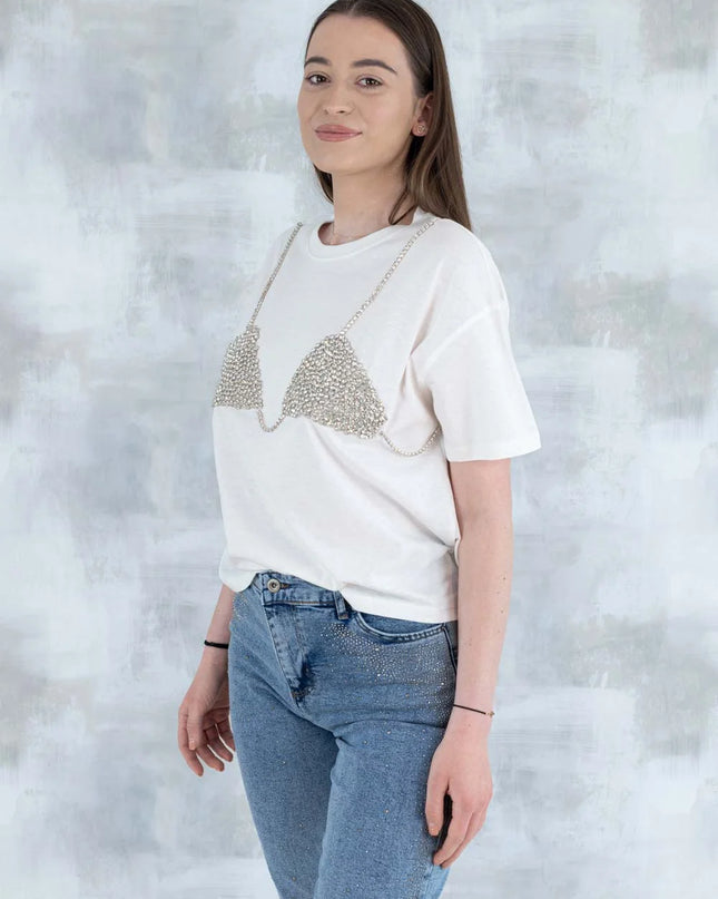 Tricou alb cu aplicație 3D – „Top cu pietre strălucitoare” 12006-012 - NIZIA