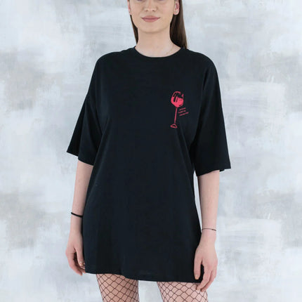 Tricou negru cu imprimeu - pahar de vin 12013 - 012 - NIZIA