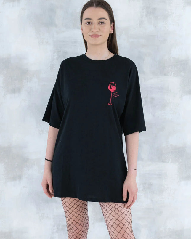Tricou negru cu imprimeu - pahar de vin 12013 - 012 - NIZIA
