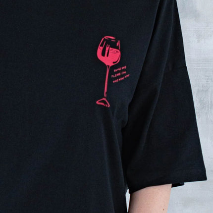 Tricou negru cu imprimeu - pahar de vin 12013 - 012 - NIZIA