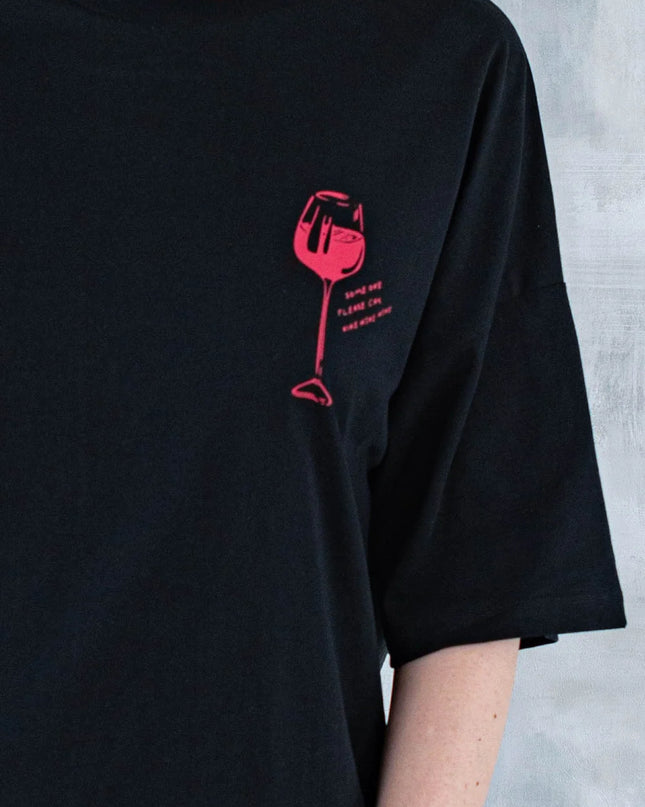 Tricou negru cu imprimeu - pahar de vin 12013 - 012 - NIZIA