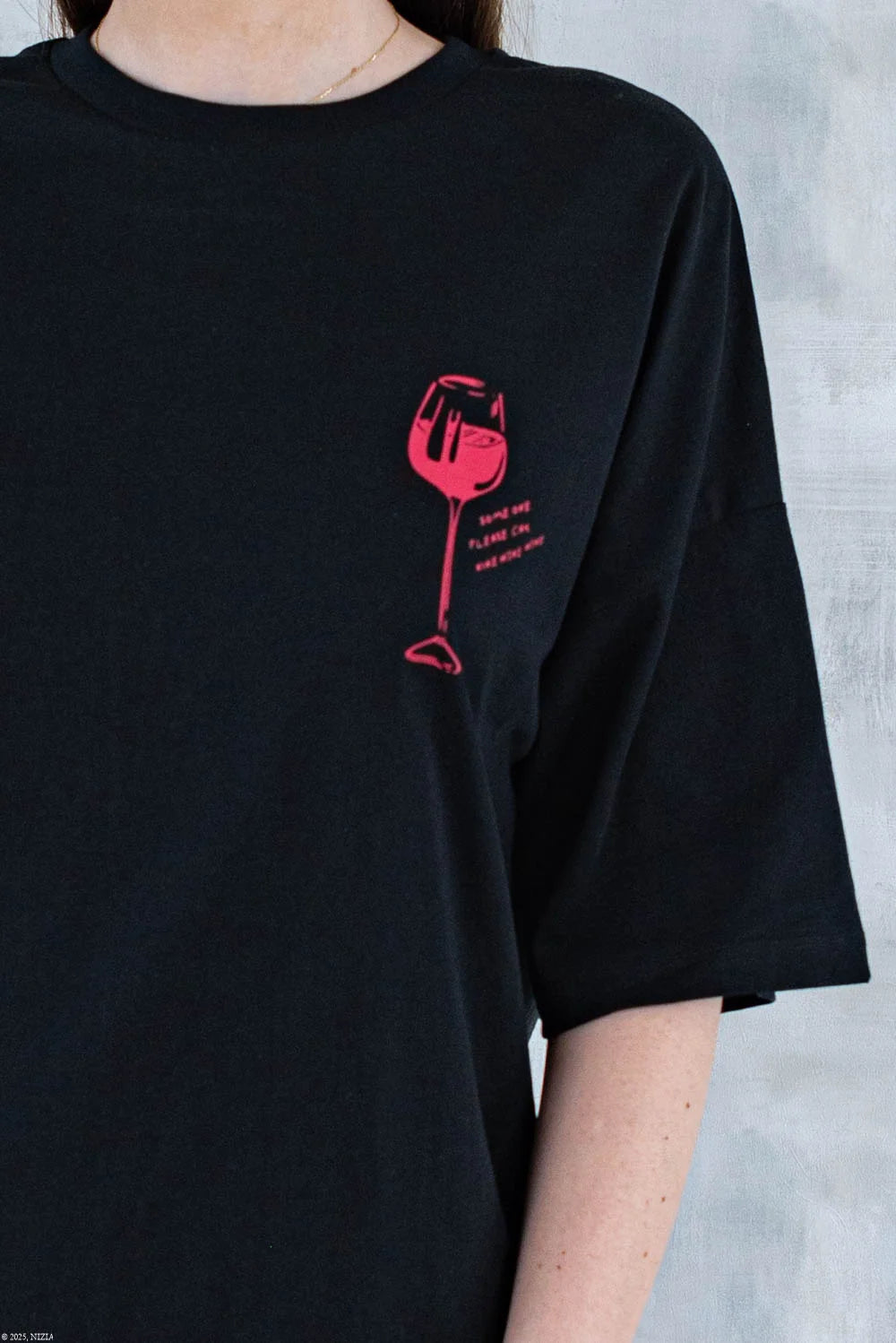 Tricou negru cu imprimeu - pahar de vin 12013 - 012 - NIZIA