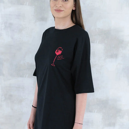 Tricou negru cu imprimeu - pahar de vin 12013 - 012 - NIZIA