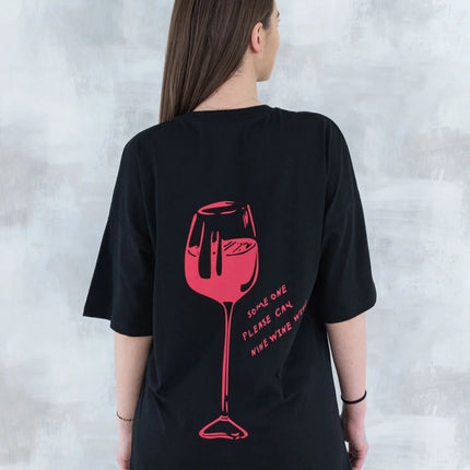 Tricou negru cu imprimeu - pahar de vin 12013 - 012 - NIZIA