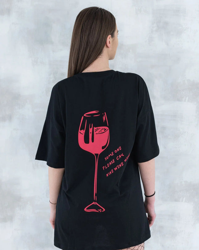 Tricou negru cu imprimeu - pahar de vin 12013 - 012 - NIZIA