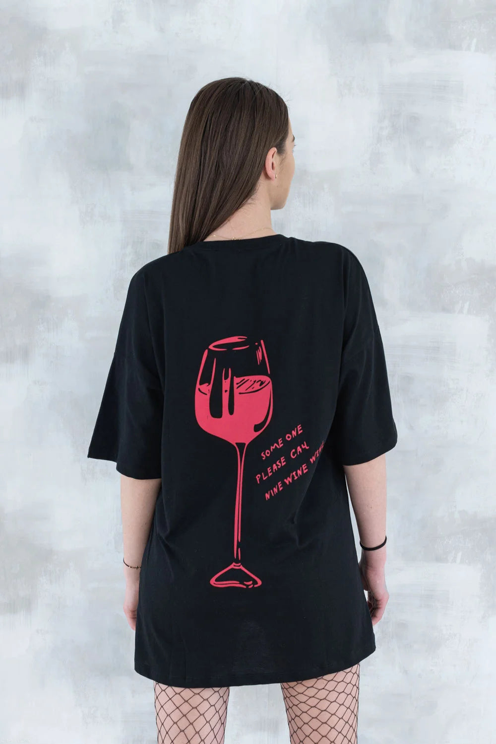 Tricou negru cu imprimeu - pahar de vin 12013 - 012 - NIZIA