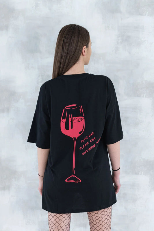 Tricou negru cu imprimeu - pahar de vin 12013 - 012 - NIZIA