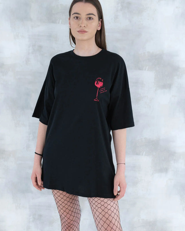 Tricou negru cu imprimeu - pahar de vin 12013 - 012 - NIZIA