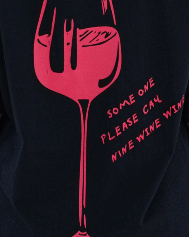 Tricou negru cu imprimeu - pahar de vin 12013 - 012 - NIZIA