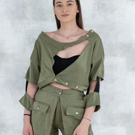 Set 3 Piese Urban Green – Cămașă neagră, bluză asimetrică și pantalon scurt khaki 5005-010 - NIZIA